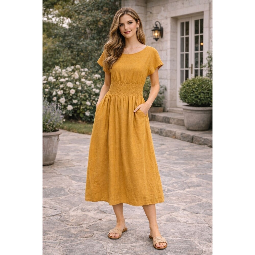 FAHERTY Women's Midi Dress LARGE Organic Cotton Boho Smocked Waist Yellow